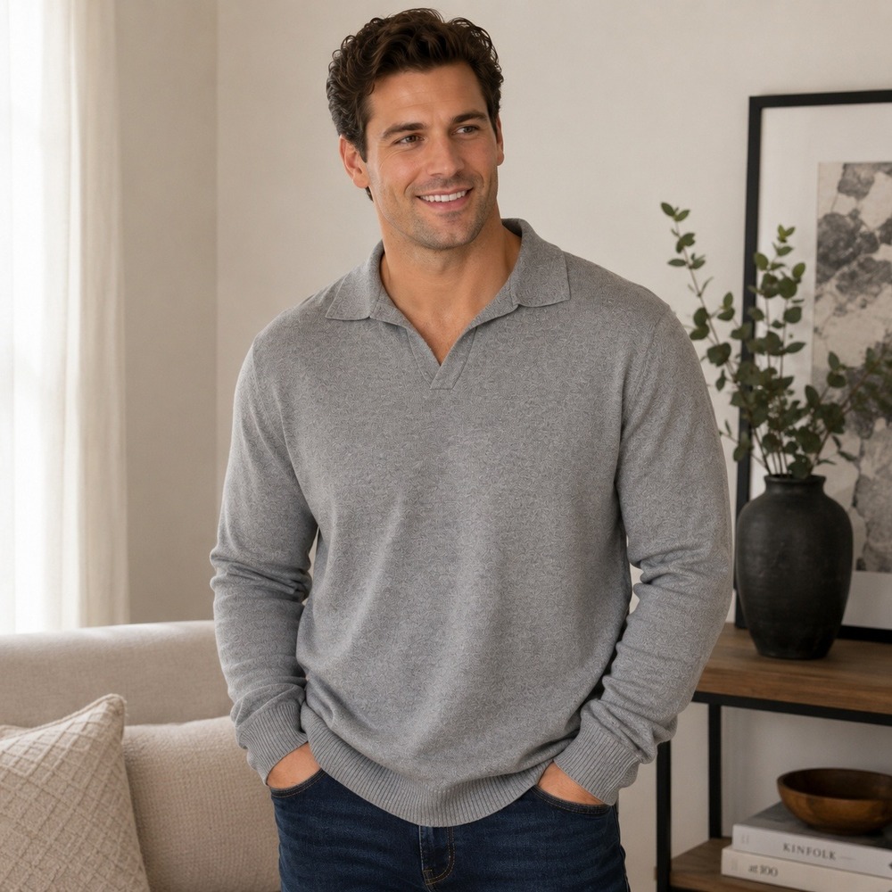 Bloomchic Polo Sweater Men 18-20 Gray V-Neck Long Sleeve Knit Pullover